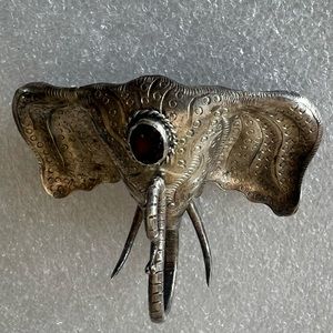 Elephant Pin unmarked silver tone red stone